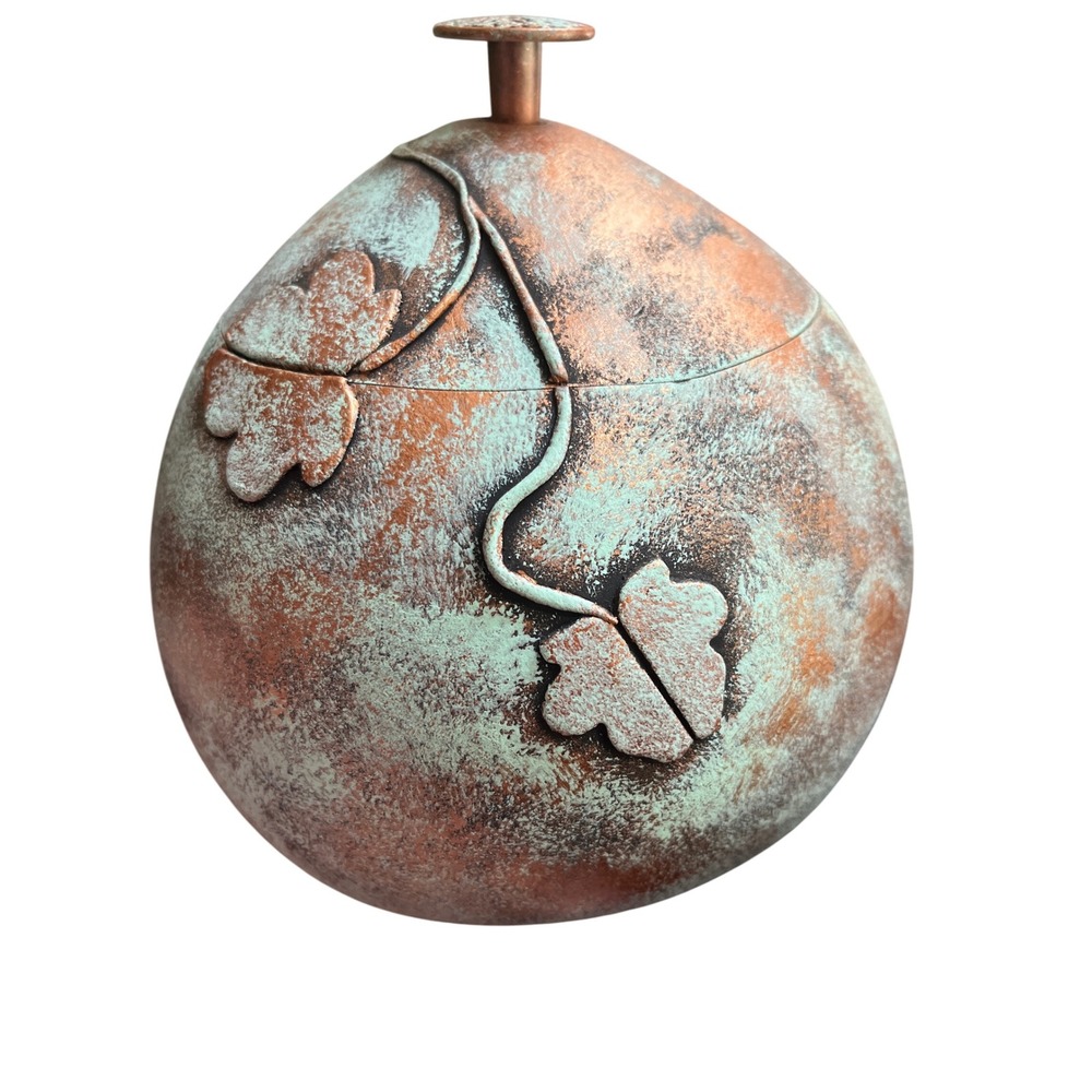 Folk Art Lidded Gourd‎ Vessel verdigris-like painted finish leaf embellishments
